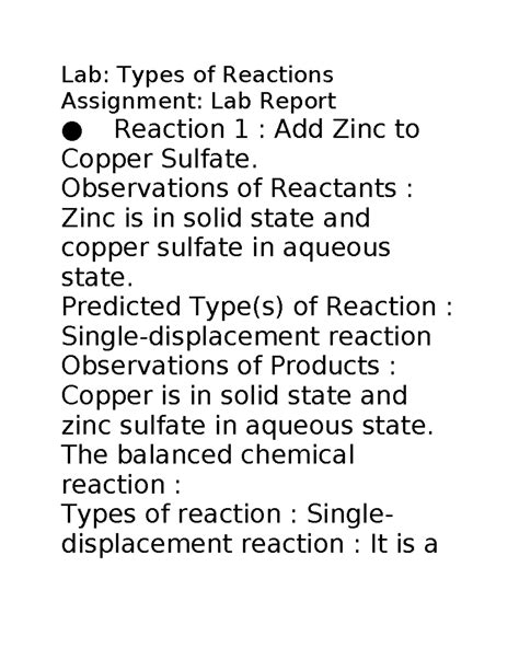 Types Of Reactions Lab Types Of Reactions Assignment Lab Report