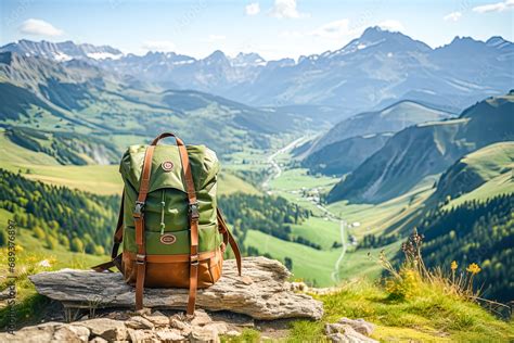 Trail essentials, Stock photo featuring a hiking backpack against a nature background a perfect ...