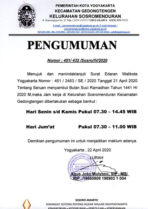 Kelurahan Sosromenduran Perubahan Layanan Jam Kerja