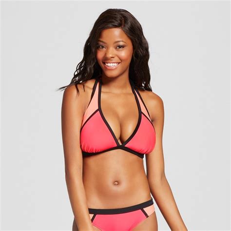 Women S Colorblock Triangle Halter Bikini Top Coral Colorblock D Dd Xhilaration Bikini