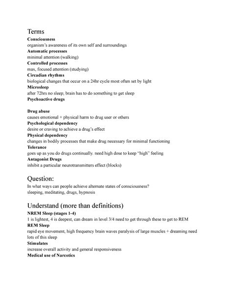 Chapter 5 Study Guide Terms Consciousness Organisms Awareness Of Its