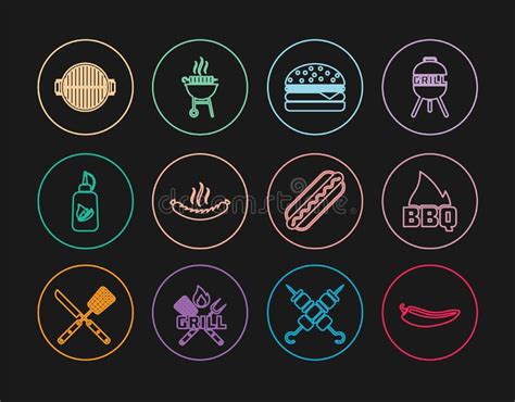 Set Line Hot Chili Pepper Pod Barbecue Fire Flame Burger Sausage Ketchup Bottle Grill