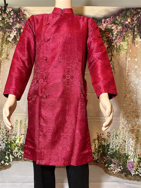 Dark Red Ao Dai For Men Traditional Vietnamese Gam Long Dress Etsy