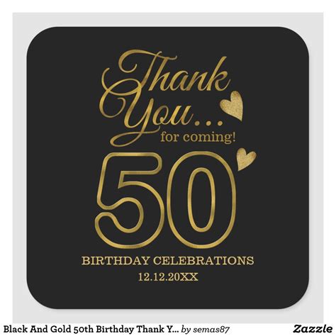 Black And Gold 50th Birthday Thank You Square Sticker Birthday Thank You 50th