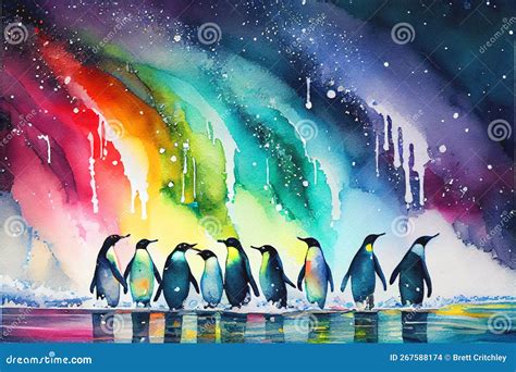 Emperor Penguin Birds Colony Group Penguins Watercolour Stock