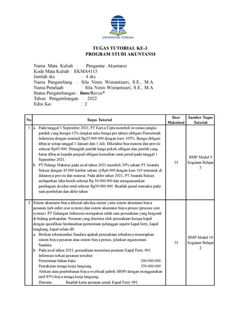 Soal Tugas 3 PA Rev TUGAS TUTORIAL KE PROGRAM STUDI AKUNTANSI Nama