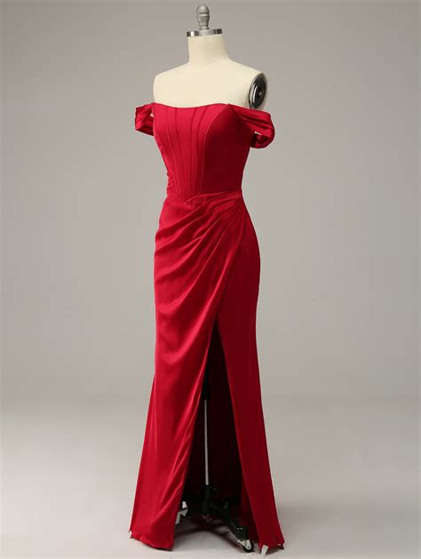 Ozakke Simple Mermaid Satin Red Strapless Off The Shoulder Backless Long Prom Dress With Slit