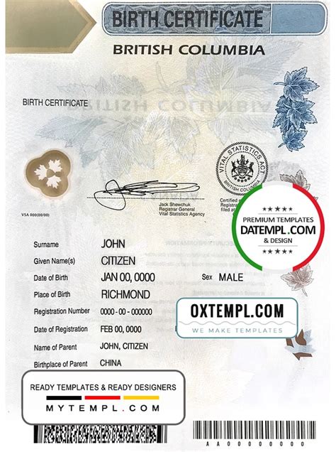 Canada British Columbia Birth Certificate Template In Psd Birth Certificate Template