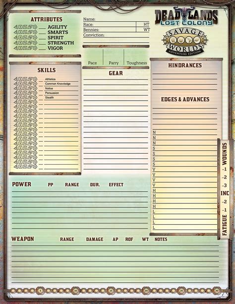 Deadlands: Lost Colony - Character Sheet (PDF) | Pinnacle Entertainment ...