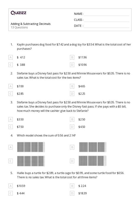 Subtracting Decimals Worksheets For Th Grade On Quizizz Free