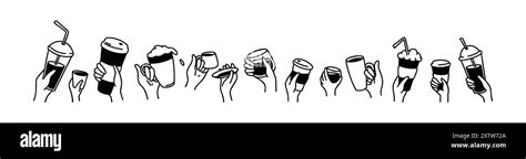 Raising Hands Up With Coffee Cute Line Doodle Different Types And Size Hot Drinks Group Of