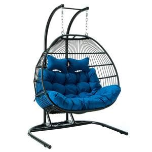 Wicker Hanging Egg Swing Chair Double Seater Charcoal W Blue Seat