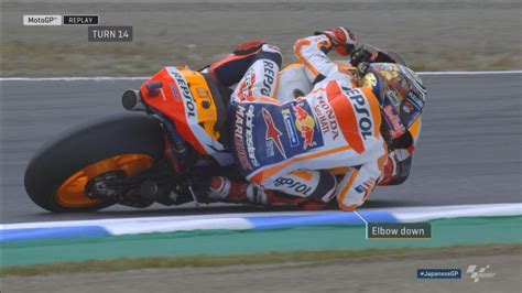 MotoGP Japan Márquez hangt zo scheef dat zijn elleboog over het