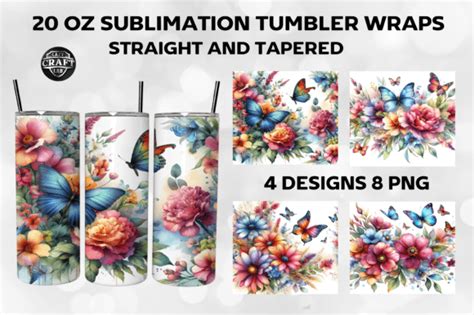 Flowers Butterfly Tumbler Wrap 20oz PNG Graphic By LazyCraftlab