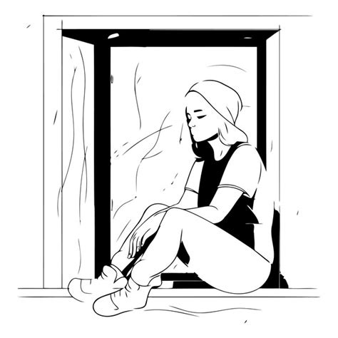 Premium Vector Sad Girl Sitting At The Window In Sketch Style