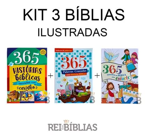 Kit 3 Livros Infantis Bíblicos 365 Histórias Cruzadas E Desenhos Para