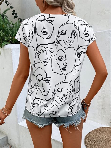 Shein Lune Blusa Con Estampado De Figura Abstracta De Cuello Notch De