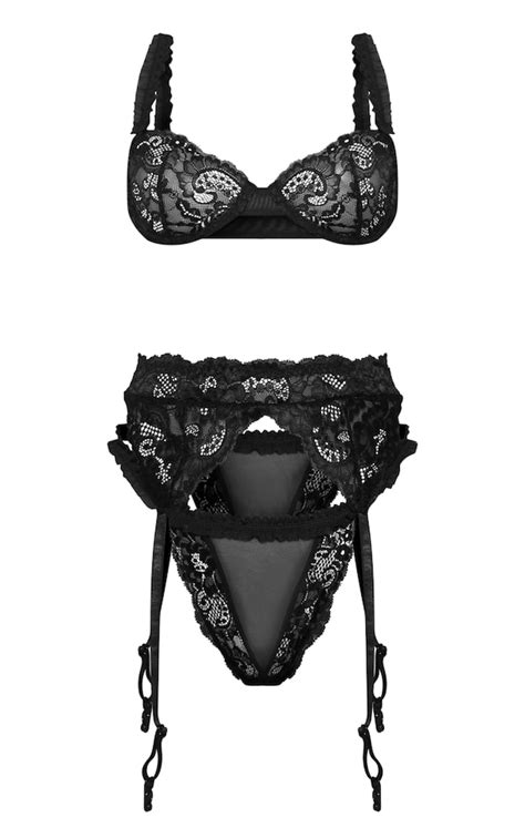 Black Mesh Frill Detail Lace 3 Piece Lingerie Set Lingerie And Nightwear Prettylittlething Usa