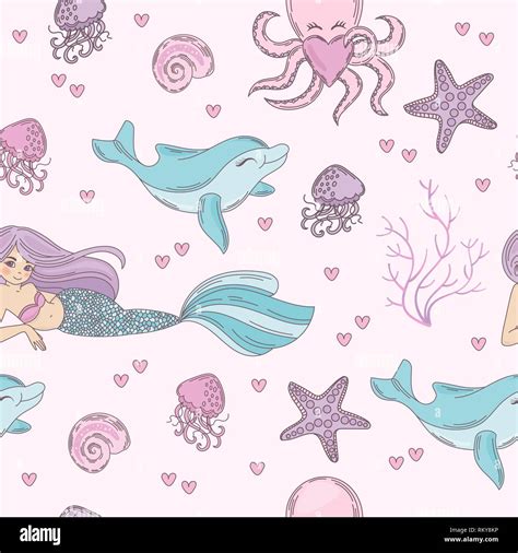 Sea Pattern Mermaid Underwater Tropical Ocean Travel Cruise Seamless