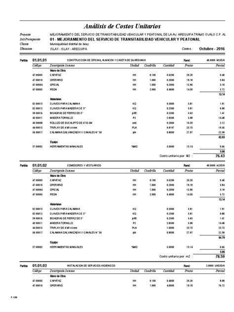 Analisis De Costos Unitarios Pdf