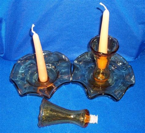 Set Of 2 Pedestal Amber Glass Dual Purpose Taper Candle Holders 7 Tall 6 Round Taper Candle