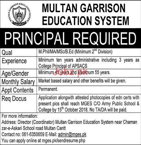 Multan Garrison Education System Principal Jobs Job Advertisement