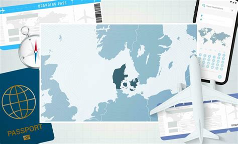 Journey to Denmark, illustration with a map of Denmark. Background with ...