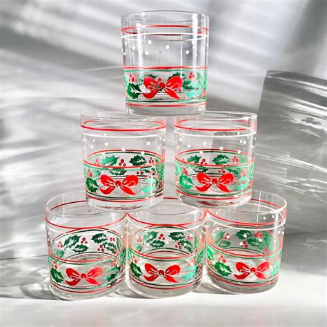 6 Vintage Christmas Glasses 80s Red Green Holly Leaves Berries Bows Ribbon Lowballs Set Of 6