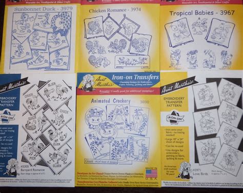 LOT Brand New Aunt Martha S Hot Iron Embroidery Transfer Pattern Towels Chickens Love Birds