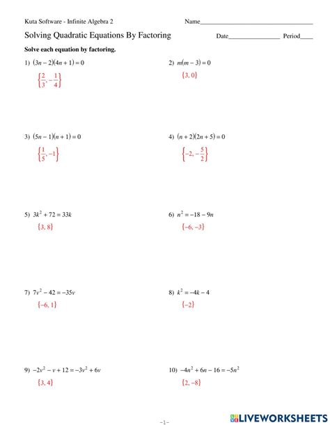 Quadratic Equation Worksheets Pdf