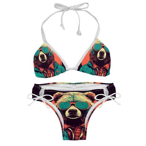 Vintage Bear One Piece Swimsuit Bikini Set Detachable Sponge Adjustable Strap Two Pack Beach