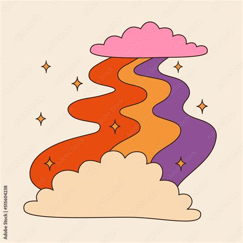 Retro Groovy Clouds With Rainbow Path 60s And 70s Vibes Psychedelic Vector Clipart Cartoon