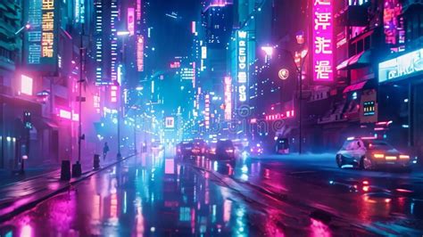 A Futuristic City Scene With Tall Buildings Neon Lights And