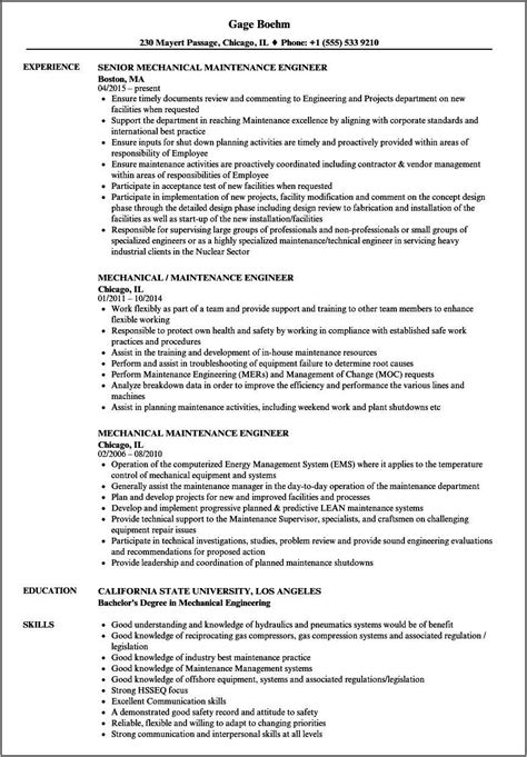 Sample Resume Of Maintenance Mechanical Engineer Resume Example Gallery