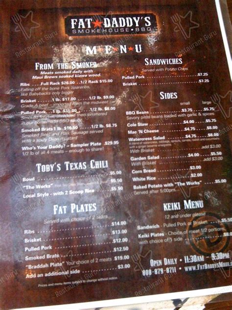 Menu At Fat Daddy S Smokehouse Bbq Kihei