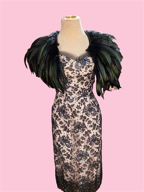 50s Nude Illusion Black Lace Sequin Wiggle Dress VLV Gem