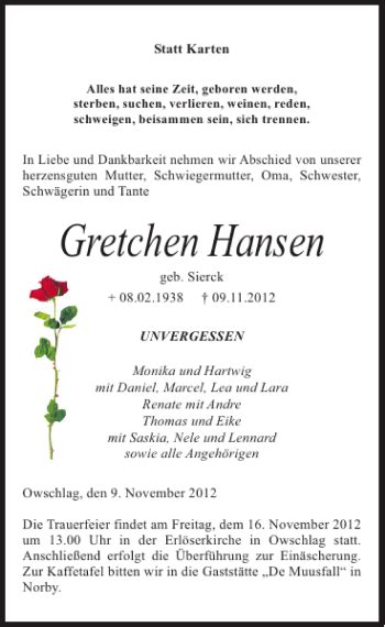 Traueranzeigen Von Gretchen Hansen Sh Z Trauer