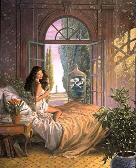 A Painting Of A Woman Sitting On A Bed In Front Of An Open Window With