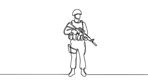 Desenho De Linha Cont Nua De Um Jovem Soldado Masculino Em Postura De