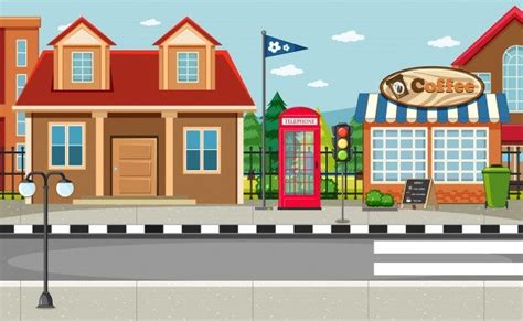 Free Vector | Street side scene with house and coffee shop scene ...