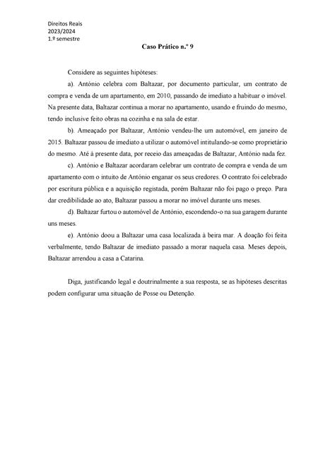 Caso Prático n º 9 Casos práticos nº9 Direitos Reais 2023 1 º