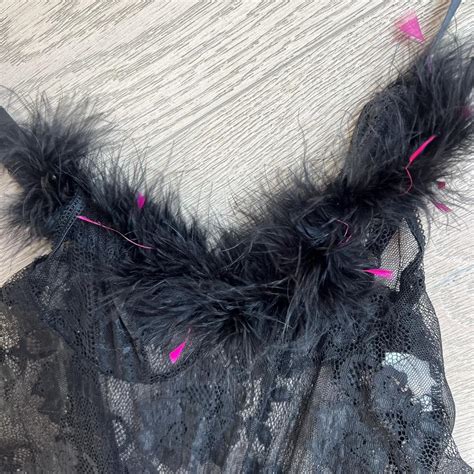 Black Lace Lingerie Top With Feathers Pink Lining Depop