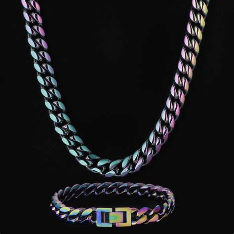 10mm Rainbow Cuban Link Chain And Bracelet Set For Mens Necklace Krkc