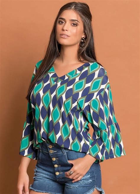 Quintess Blusa Mangas 3 4 Estampada Blusas femininas Confecção de