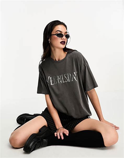 Asos Design Wednesday Addams Oversized T Shirt With Chrome Licence Graphic In Washed Charcoal Asos