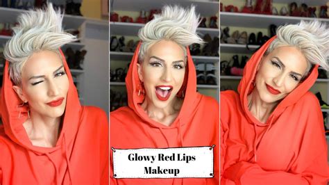 Easy Red Lips Makeup Tutorial For Platinum Blonde Pixie Style Hair