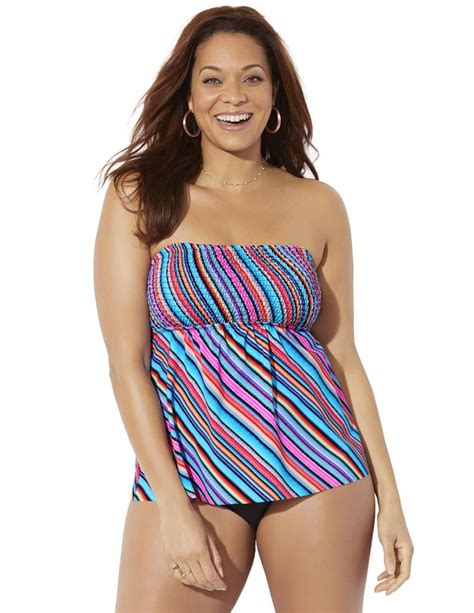 Swimsuits For All Womens Plus Size Smocked Bandeau Tankini Set Multi Diagonal Black