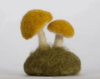 Two Yellow Needle Felted Mushrooms On A Felted Platform Forestcore