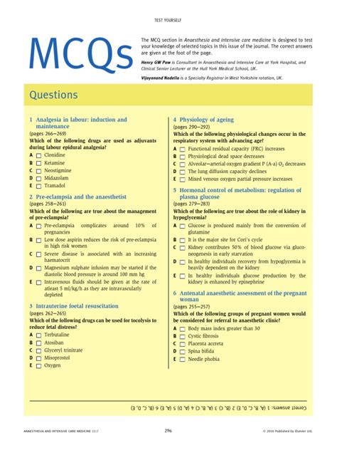 Mcqs 2010 Anaesthesia Intensive Care Medicine72 Pdf Anesthesia Hypoglycemia