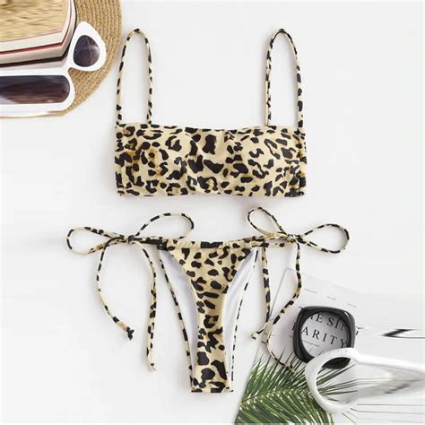 Leopard Print Two Piece Swimwear Sexy Push Up Bikini Set Lace Up Thong Tankini Swimsuits For